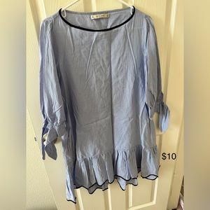 Zara basic shirt dress blue striped ruffle hem knee length